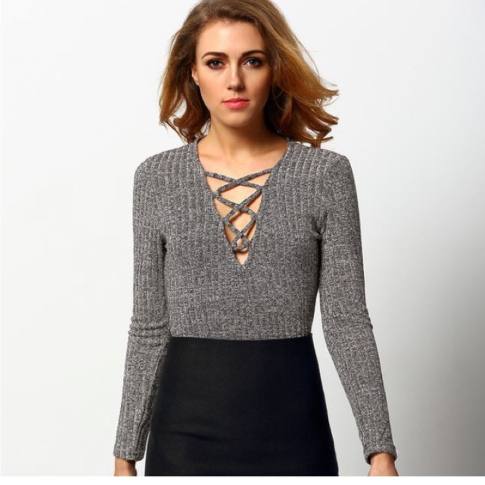 LF Lace-up Long-sleeve Body Suit | Heather Charcoal Gray | Size Medium